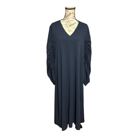 Tibi Ruched Convertible Bell Sleeve Cinched Stretch Crepe Midi Dress Navy Blue 8 - Picture 5 of 11
